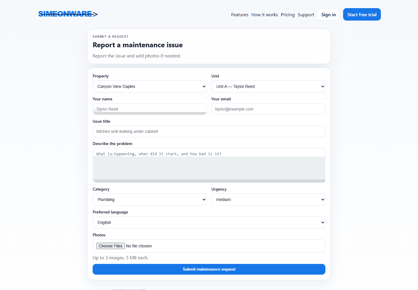 Simeonware tenant maintenance request intake form